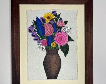 Dipinto di bouquet di fiori su carta riciclata fatta a mano