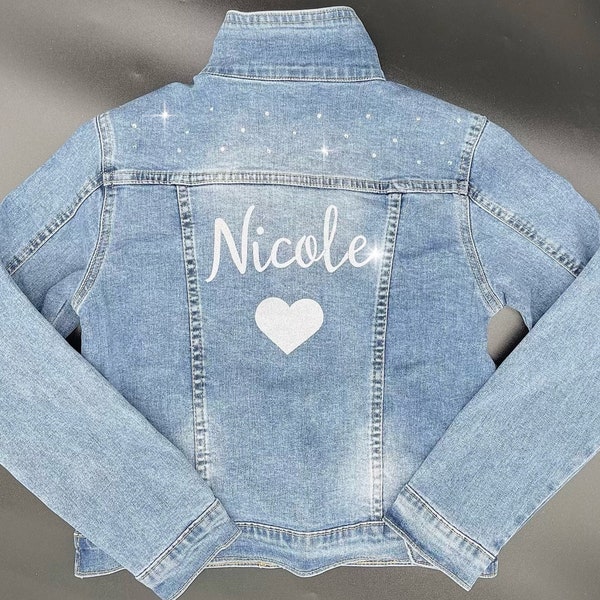Personalised Kids/Children's Denim Jacket with Glitter Name and Crystals