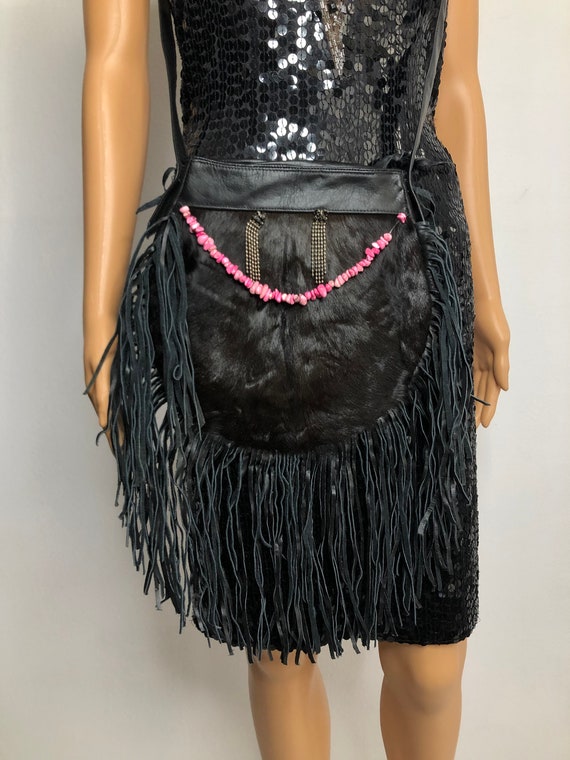 Black real leather real fur shoulder bag with frin