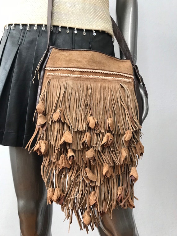 Bolso hecho a mano marron de las mujeres hecho de cuero en un mango largo con flecos y detalles originales tamano pequenohecho en los EE.UU. Etsy Espana