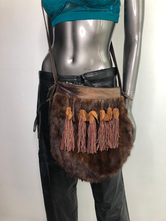 Brown real fur real leather crossbody shoulder ba… - image 1