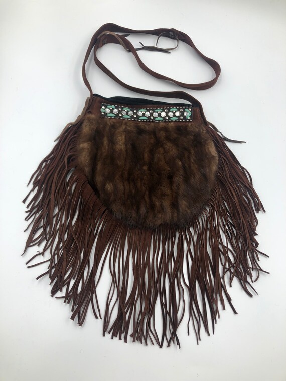 Brown real fur real suede shoulder bag with decor… - image 2