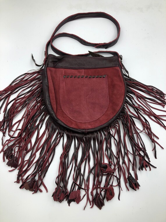 Burgundy real leather real fur shoulder bag with … - image 3