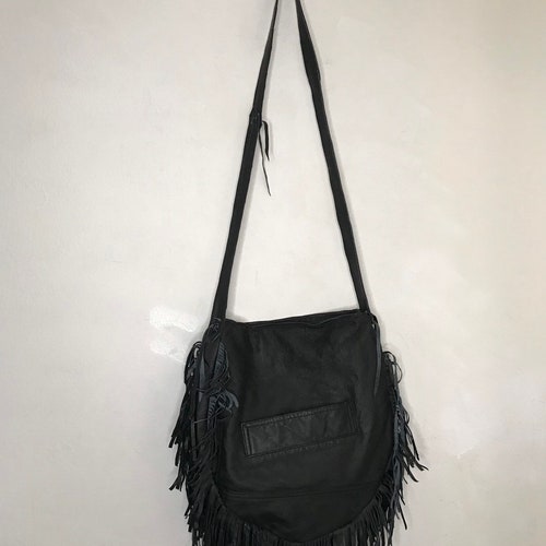 Crossbody Handbag Handmade Women's Black leather decorated with fringe recycling materials size high quality big.