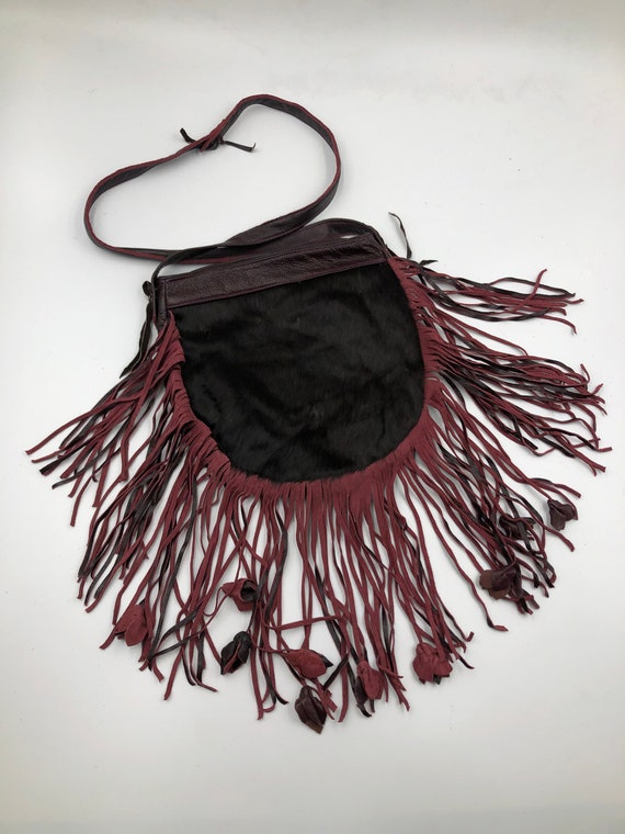 Burgundy real leather real fur shoulder bag with … - image 1