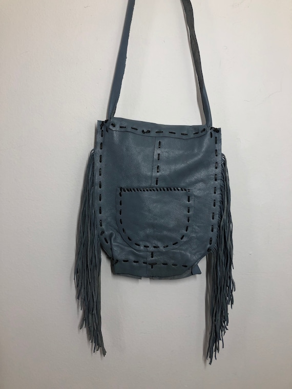 Light blue real leather bag with fringe with pock… - image 2