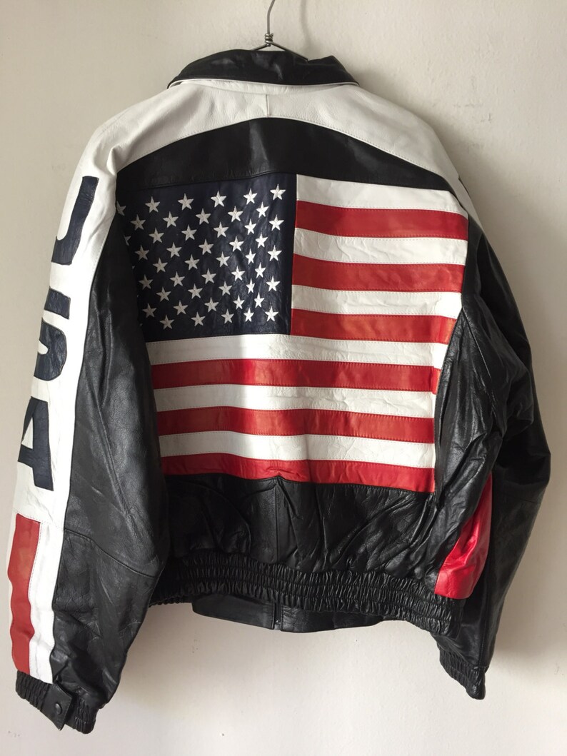 Usa Flag Short Vintage Black Genuine Leather Jacket Men S Size Um