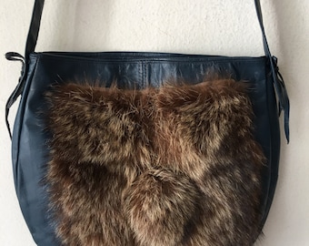 Blue crossbody women's bag, from real leather and fur, bag decorated with fur bubo, stylish bag, designer bag, new, size-medium.