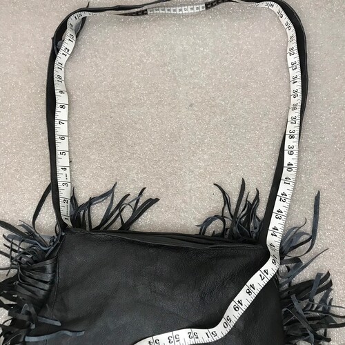 Crossbody Handbag Handmade Women's Black leather decorated with fringe recycling materials size high quality big.
