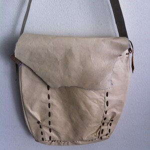 Beige handmade leather bag, big shoulder bag on a long strap.