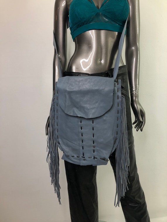 Light blue real leather bag with fringe with pock… - image 1