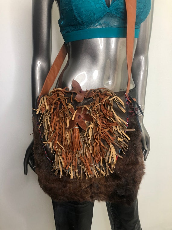 Brown Real Leather Real Fur Shoulder Bag With Multicolor