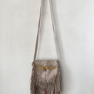 Real handmade crossbody bag from recycling leather with elements of fashionable leather fringe&beads new women's beige color bag size-small.
