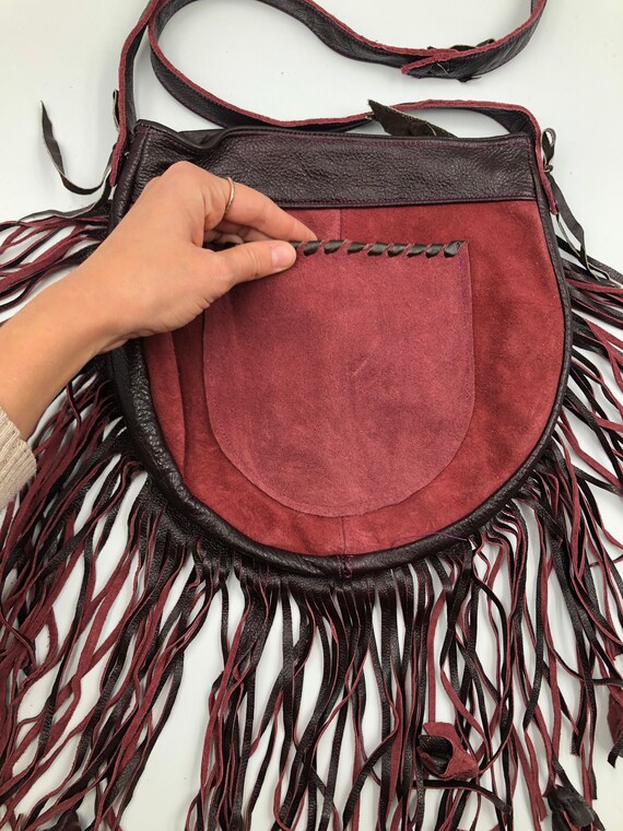 Burgundy real leather real fur shoulder bag with … - image 4