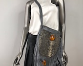 Gray crossbody women 39 s bag, from real astrakhan fur, leather leather fringe, old leather, with decoration- ambers, winter bag, size-small.