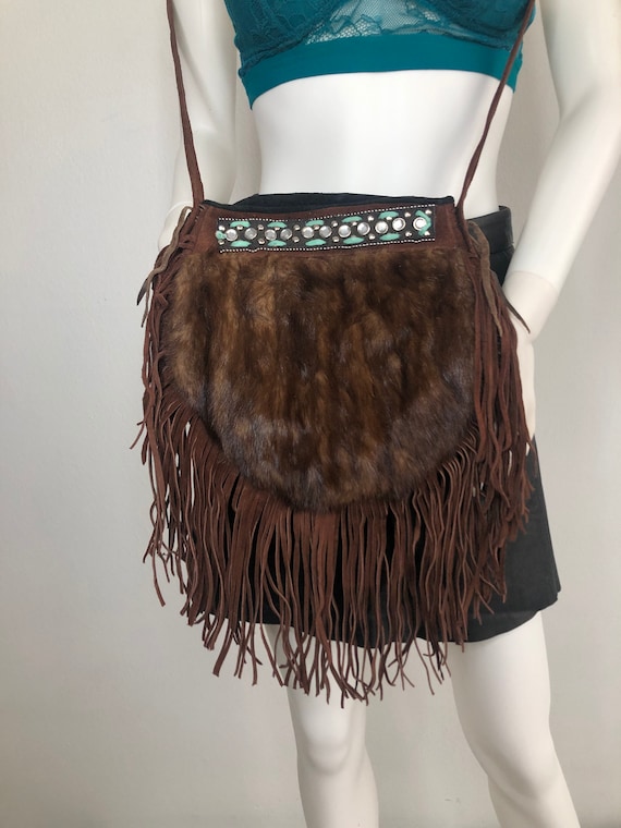 Brown real fur real suede shoulder bag with decor… - image 1