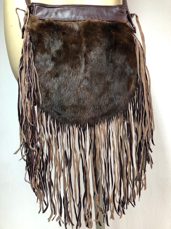 Brown real leather real fur shoulder bag with poc… - image 2