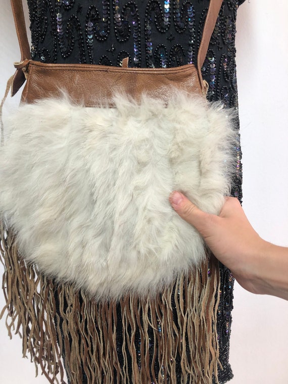 Beige with white real leather real fur shoulder b… - image 2