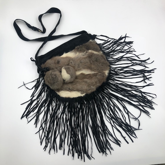 Grey with black real leather rabbit fur shoulder … - image 1