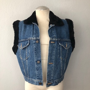 Burning man style  Steep Short Vintage Denim Faux Fur Vest Comfortable And Stylish Woman Size Medium.