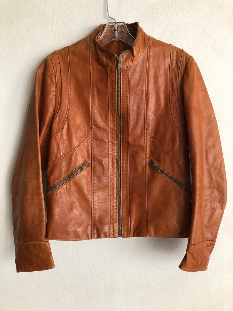 Orange Leather Jacket A Real Vintage Motorcycle With Zippers And Original Details The Collar Defect Men S Size Small