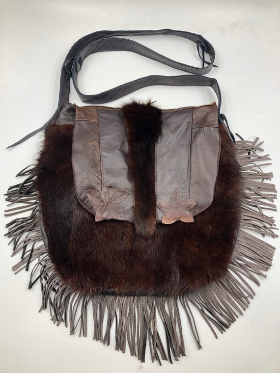 Brown real fur real leather shoulder bag with frin