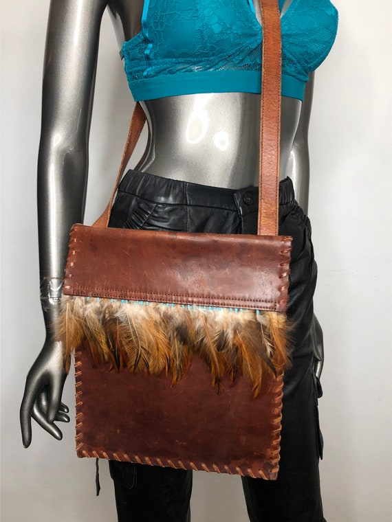 Shoulder Bag Woman Broun With Feathers real Leathe