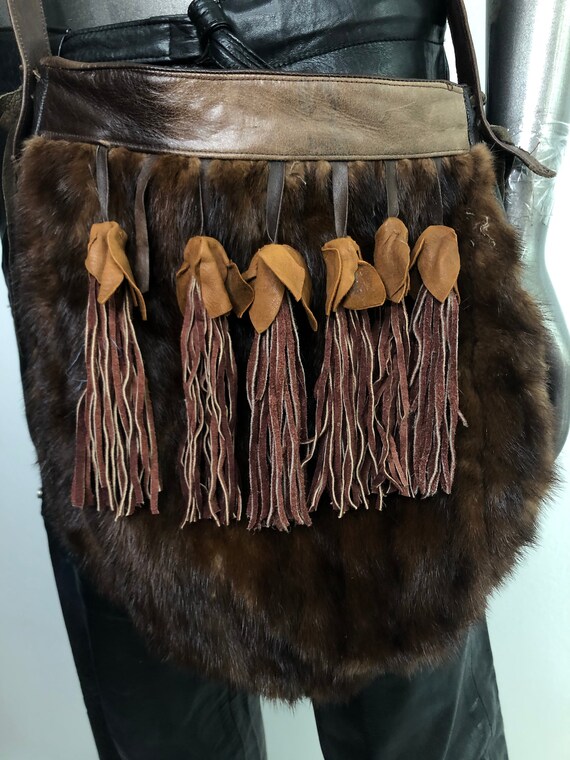 Brown real fur real leather crossbody shoulder ba… - image 2