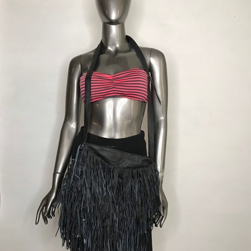 Crossbody Handbag Handmade Women's Black leather decorated with fringe recycling materials size high quality big.