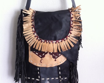 Fringe leather bag, multicolored shoulder bag size large, handbag without zipper.
