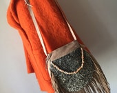 Bright Beige Handmade Womens Bag suede with fashionable suede fringe bag decorated with colored beads astrakhan fur new size small.