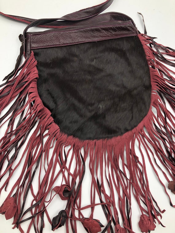 Burgundy real leather real fur shoulder bag with … - image 2