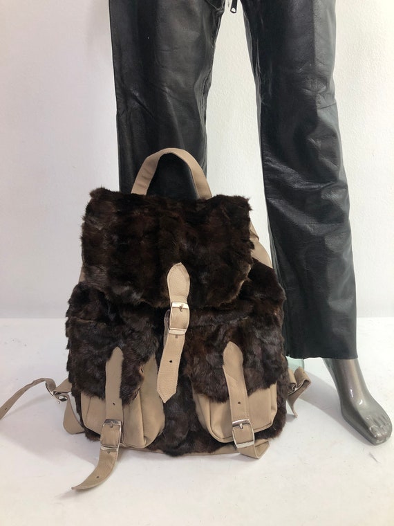 Brown real leather real fur backpack with belts wi