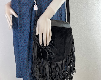 Black leather with faux fur small shoulder bag