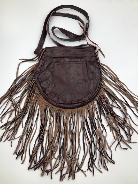 Brown real leather real fur shoulder bag with poc… - image 3