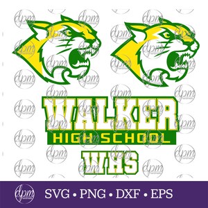 May include: Green and yellow mascot logo for Walker High School. The logo features a cartoon wildcat with a green and yellow color scheme. The text "WALKER HIGH SCHOOL" is written in white letters on a green background. The text "WHS" is written in white letters on a green background.
