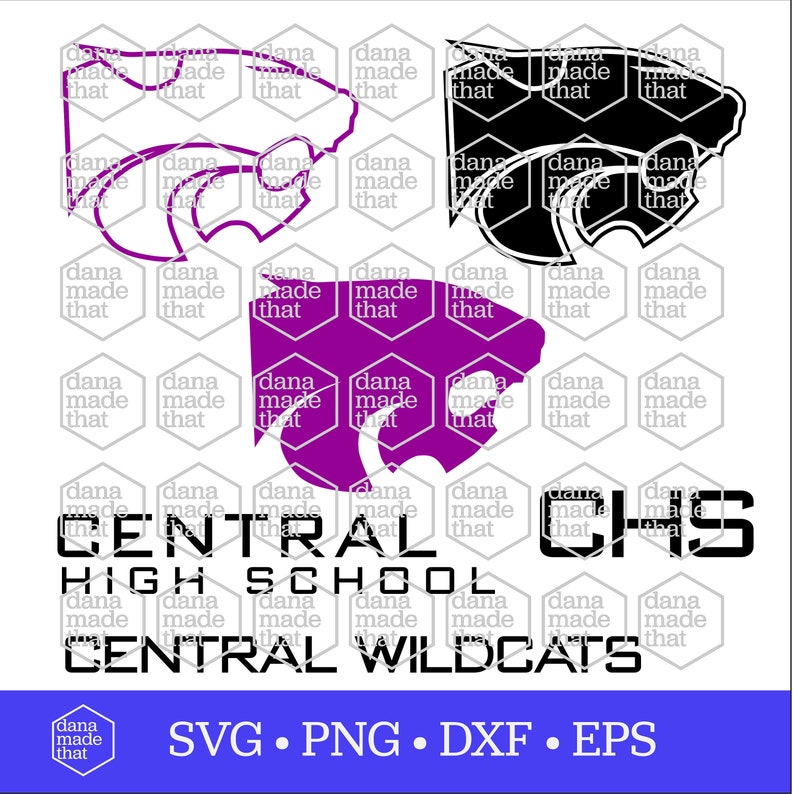 May include: Purple and black graphic design with the text "Central High School" and "Central Wildcats" with a mascot of a wildcat. The text "CHS" is also included in the design.