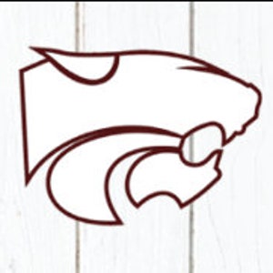 May include: A brown and white stylized illustration of a panther's head, facing right. The panther's head is outlined in brown, and the inside is white. The panther's mouth is open, and its teeth are visible. The panther's eyes are black.