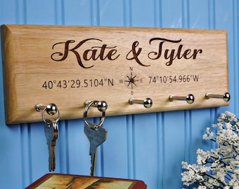 Personalized Wood Key Holder – Engraved Coordinates New Home Gift