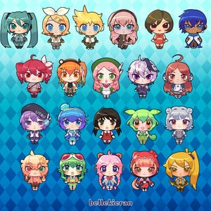 May include: A collection of 20 chibi-style anime characters with large heads and eyes. Each character has unique hair and clothing in various colors, set against a blue diamond pattern background. The artist's signature, "bellekieran," is at the bottom.