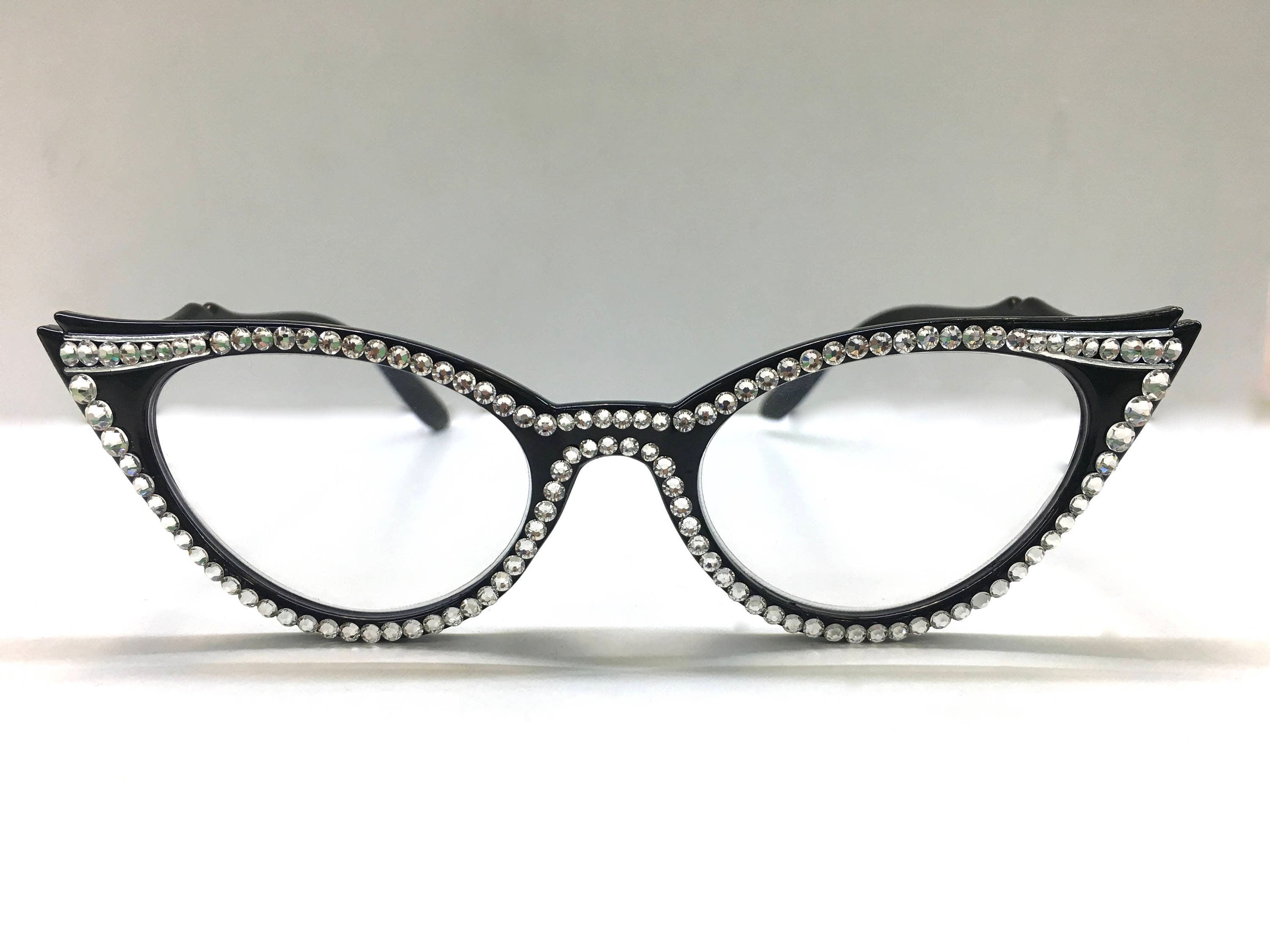 Black Vintage Cat Eye Swarovski Crystal Reading Glasses Etsy
