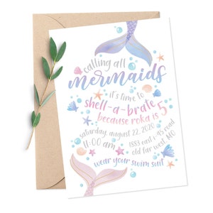 Mermaid Birthday Party Invitation / Cute Watercolor Iridescent Shell-a-Brate Mermaid Party / Custom Digital Printable Download