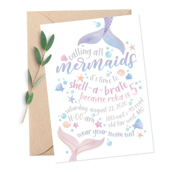 Watercolor Mermaid Birthday Invitation: Iridescent Shell Party (Digital Download)