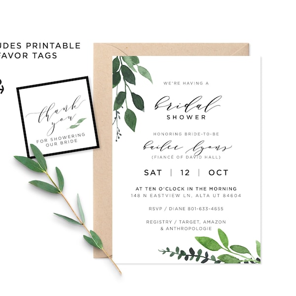 Greenery Bridal Shower Invitation / Leaves Black White Bridal Shower / FREE Thank You Party Favor Tags Included / Digital Printable Download