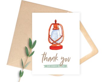 May include: A thank you card with a watercolor illustration of a red lantern with a white glass pane. The text on the card reads "Thank you so very much".
