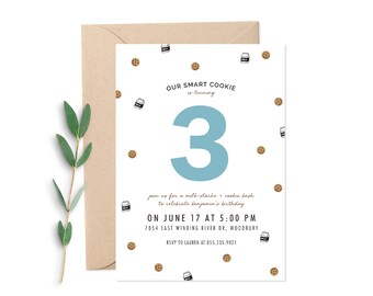 May include: A white invitation card with a blue number 3 and gold glitter dots. The text reads "Our Smart Cookie is turning 3. Join us for a milk-stache & cookie bash to celebrate Benjamin's birthday. On June 17 at 5:00 PM, 7854 East Winding River Dr, Woodbury. RSVP to Lauren at 855.235.9821."