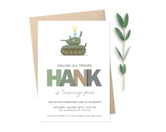 Army Tank Birthday Party Invitation / Military Camo Invite  / Boot Camp Kids Birthday Party / Custom Digital Printable Download