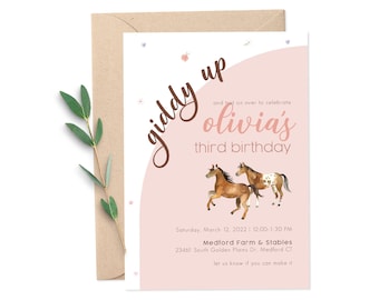 Horse Birthday Party Invitation / Giddy Up! Boho Retro Watercolor Pony Party Invite / Custom Digital Printable Download