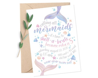 Mermaid Birthday Party Invitation / Cute Watercolor Iridescent Shell-a-Brate Mermaid Party / Custom Digital Printable Download