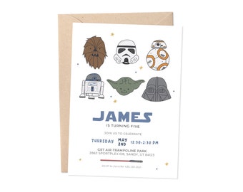 May include: A white invitation card with a blue and white illustration of Star Wars characters. The text on the card reads "James is turning five. Join us to celebrate Thursday May 2nd 12:30-2:30 PM Get Air Trampoline Park 2863 Sportplex Dr. Sandy, UT 84123 RSVP to Jennifer 435-120-3529"